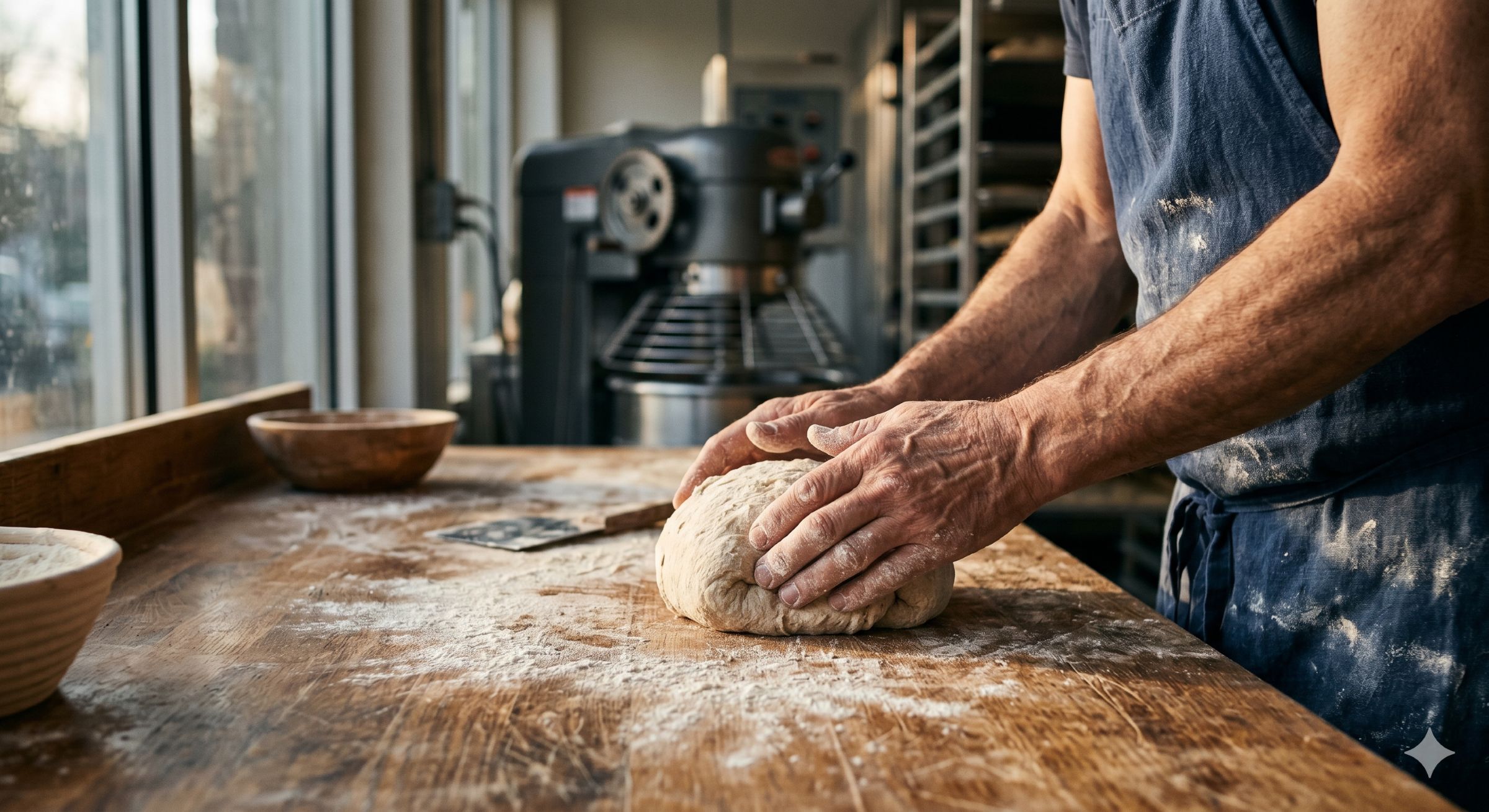 A close-up of the hands of a baker kneading dough, a metaphor for the need for human touch in the age of AI