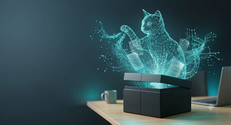 Image of a cat resembling the famous Schrödinger's cat out of the box and playing with threads of business data